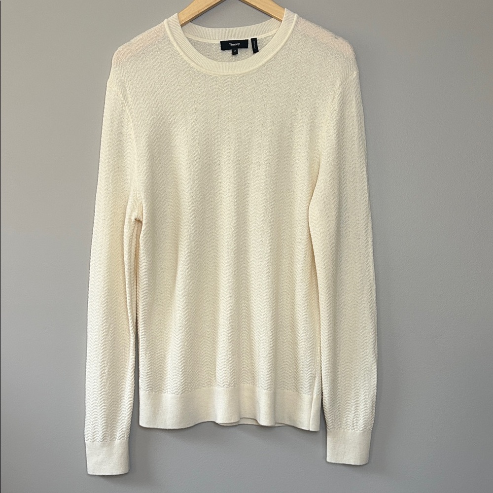 Theory Men’s Merino Wool Crewneck Pullover Herringbone Knit Sweater Medium Ivory